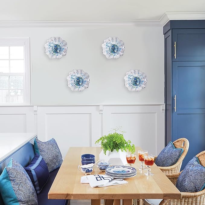 Hand Blown Glass Plate Wall Decor, Modern Unique Glass Wall Art, Lotus Leaf Wall Plate Shape Wall Sconce with Transparent and Easy to Clean for Staircase, Living Room, Kitchen, Hallway (Blue-2)