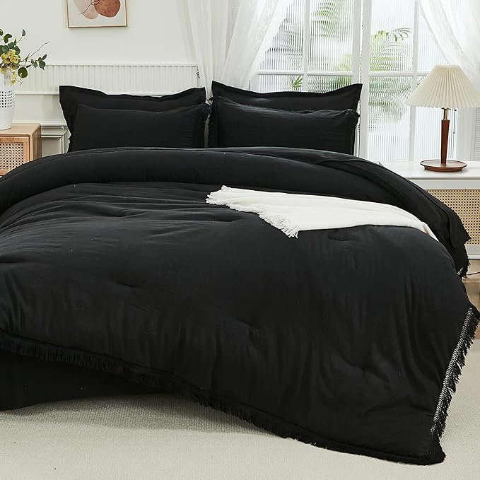 Andency Black King Size Comforter Set with Sheets - 7 Pieces Boho Tassel Bed in a Bag Soft Lightweight Bedding Sets, Black Fringe Bed Set with Comforter, Sheets, Pillowcases & Shams