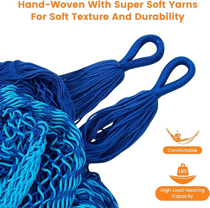 Lazy Daze Hammocks Handwoven Mayan Hammock, 10.5 FT Soft Rope Double Hammocks, Portable Outdoor Hammock with Carry Bag, 2 Straps & carabiners for Patio Outside, 550 lbs Weight Capacity, Blue/Dark Blue