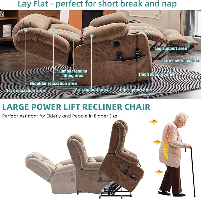 MEETWARM Oversized Dual Motor Lay Flat Power Lift Recliner Chair for Big Elderly with Heat Massage, Large Sleeping Electric Recliner with Extended Footrest, Lumbar Pillow, USB & Type-C Ports, Brown