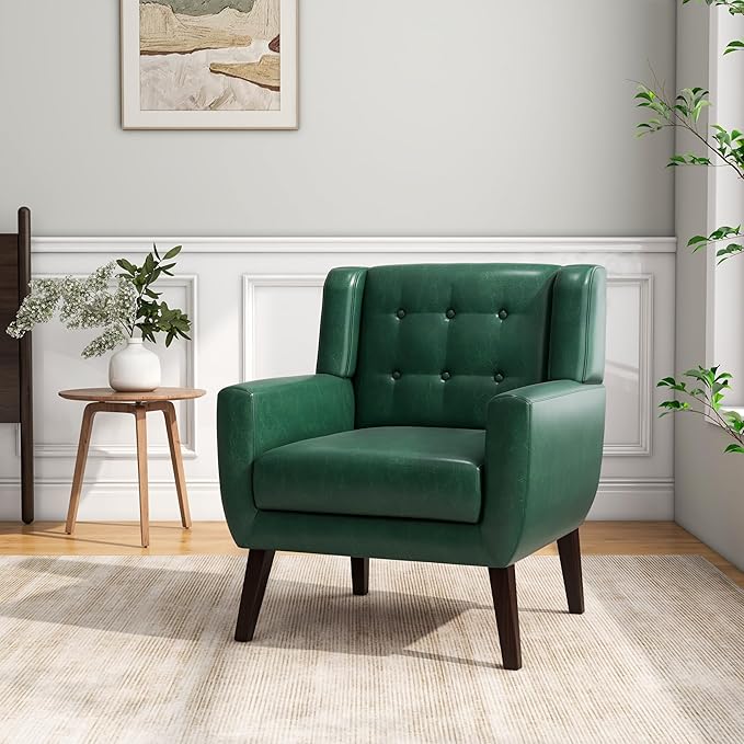 Accent Chair, Mid-Century Modern PU Leather Chairs with Arms for Living Room, Comfy Upholstered Club Single Sofa Armchair for Bedroom Waiting Room with Solid Wood Frame（Leather Green, Set of 1