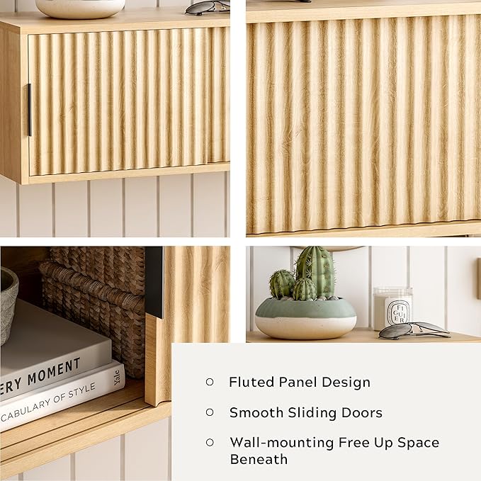 Fluted Floating TV Stand Set of 2, 30" Multi-Purpose Modern TV Display Shelf Console Entertainment Center Cabinet with Sliding Doors for Bedroom Living Room Entryway, Natural Oak