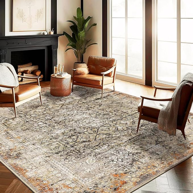 Area Rug 10'x14' Washable Vintage Traditional Mat Distressed Indoor Foldable Thin Retro Accent Floral Print Non Slip Carpet for Living Room Dining Room Office Large Rugs