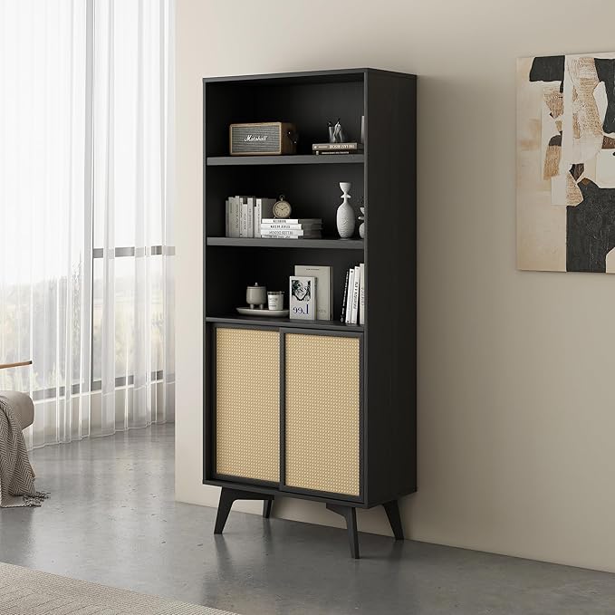 MUSEHOMEINC 5-Tier Tall Bookcase with Sliding Rattan Doors, Black Wooden Bookshelf with Storage, Farmhouse Office Bookshelves for Living Room,Office, Bedroom