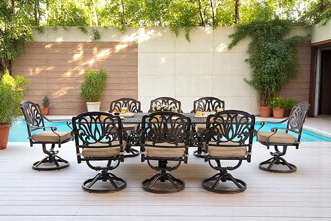 9 Piece Outdoor Dining Set Cast Aluminum, Retro Patio Dining Furniture Set for 8 Includes 86.6’’ Rectangular Table 8 Swivel Chairs with Thicker Cushion and Umbrella Hole for Patio Deck Garden