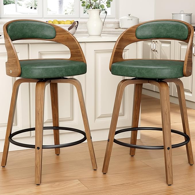 Swivel Bar Stools Set of 3, 26" Counter Height Bentwood Barstool, Mid-Century Modern PU Leather Upholstered Bar Chair with Back and Footrest, for Kitchen Island, Bar, Cafe, Dining Room, Green