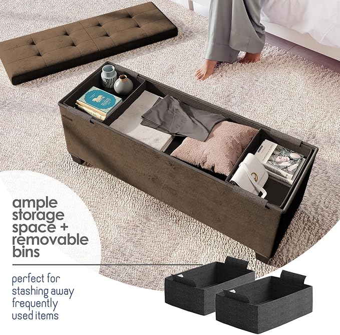 STORAGEBUD Storage Ottoman Bench with Bins, 43-in Storage Bench for Bedroom End of Bed, Folding Foot Rest Ottoman for Living Room Max 660lbs, Velvet Ottomans, Brown
