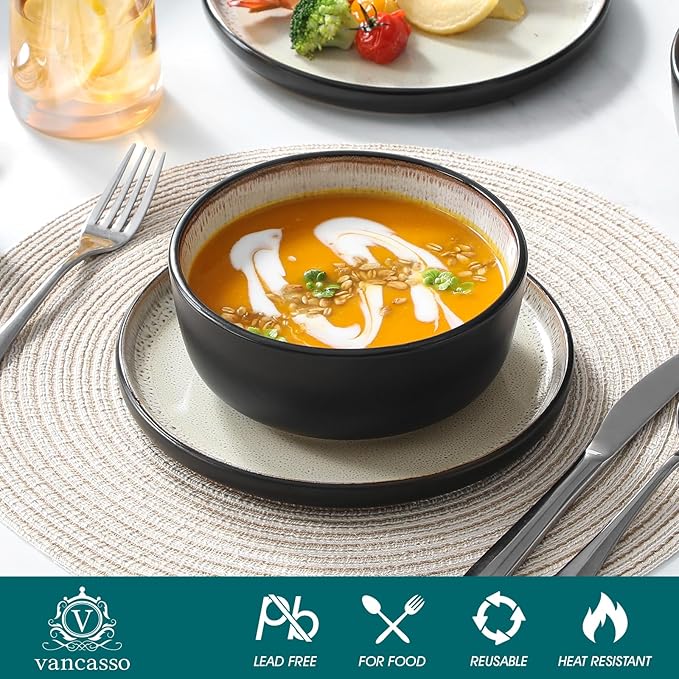 vancasso Plates and Bowls Sets, 24 Pieces Stoneware Dinnerware Sets for 8, Kitchen Dish Set Mircowave and Dishwasher Safe Dinner Set Ceramic Dishware, Light Cream, Series AMBER