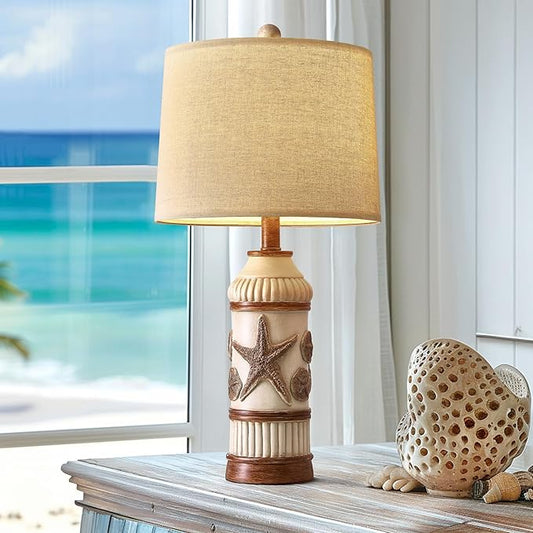 OYEARS 24“ Table Lamp for Bedroom, Boho Table Lamp for Living Room, Bedside Nightstand Lamp, Coastal Nautical Lamp with Starfish Conch Pattern for Decor, End Table, Vintage Retro Beach, Off White