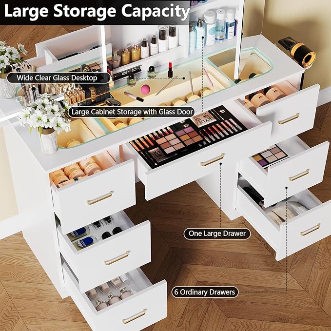 Vanity Desk with Lighted Mirror, Charging Station and Hairdryer Holder, Glass Top Makeup Vanity with Adjustable LED Lights, White Vanity Table with Sliding Mirror & Hidden Storage (No Stool)