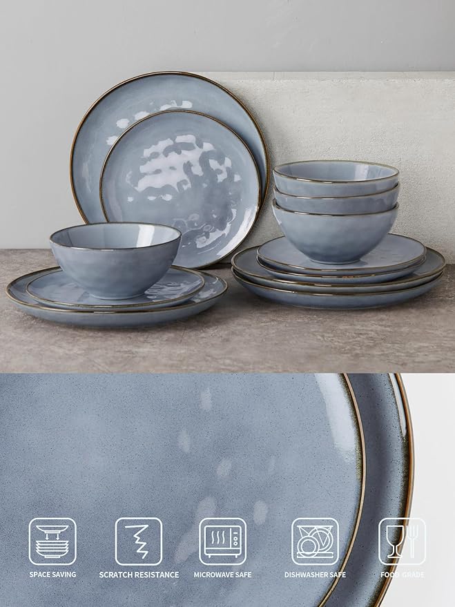 Famiware Dinnerware Sets for 4, Ocean Round 12-Piece Kitchen Plates and Bowls Sets, Reactive Glaze, Microwave and Dishwasher Safe, Scratch Resistant, Blue