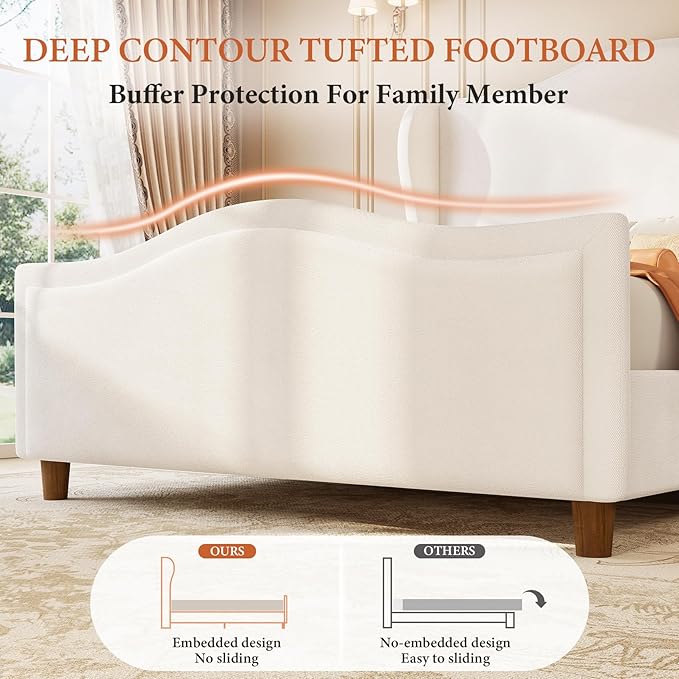 King Size Bed Frame Chenille Upholstered Platform Bed with Headboard and Footboard, 51" High Deep Tufted Wingback Sleigh Upholstered Bed, Modern Retro Minimalist Style, Easy Assembly, Cream