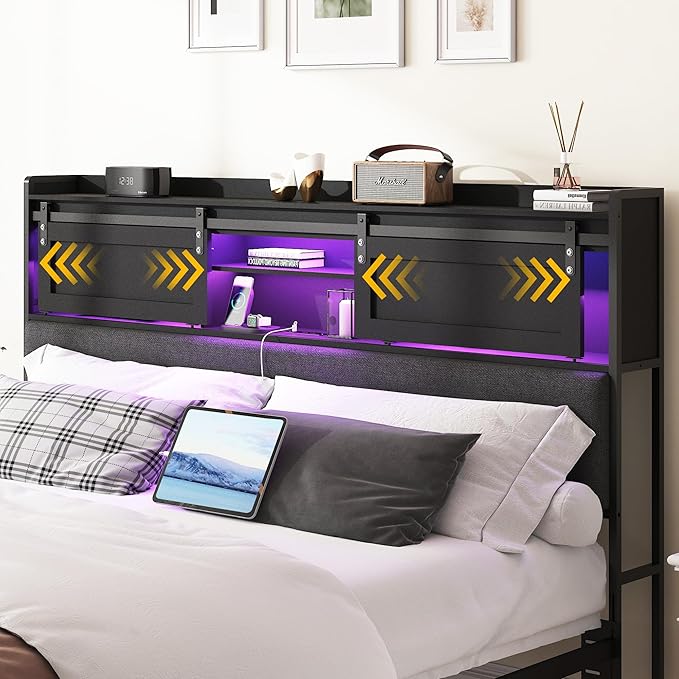 Decoholic King Size Headboard Only with Storage, Upholstered Headboard with Charging Station and LED Light, Sturdy and Stable, Easy to Assemble (Black+Barn Door, King)