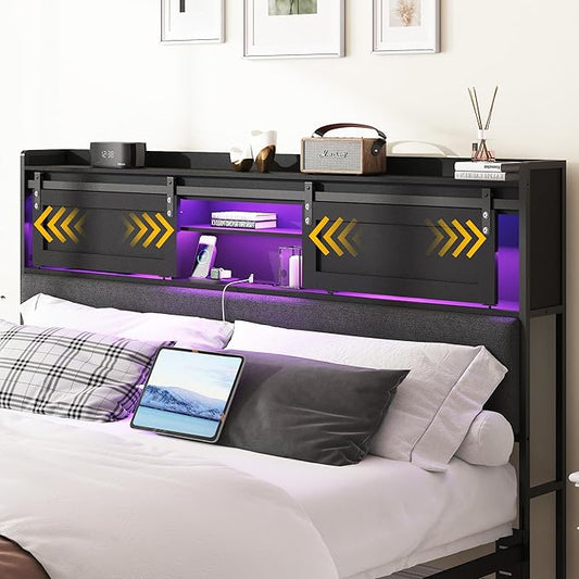 Decoholic Queen Size Headboard Only with Storage, Upholstered Headboard with Charging Station and LED Light, Sturdy and Stable, Easy to Assemble (Black+Barn Door, Queen)