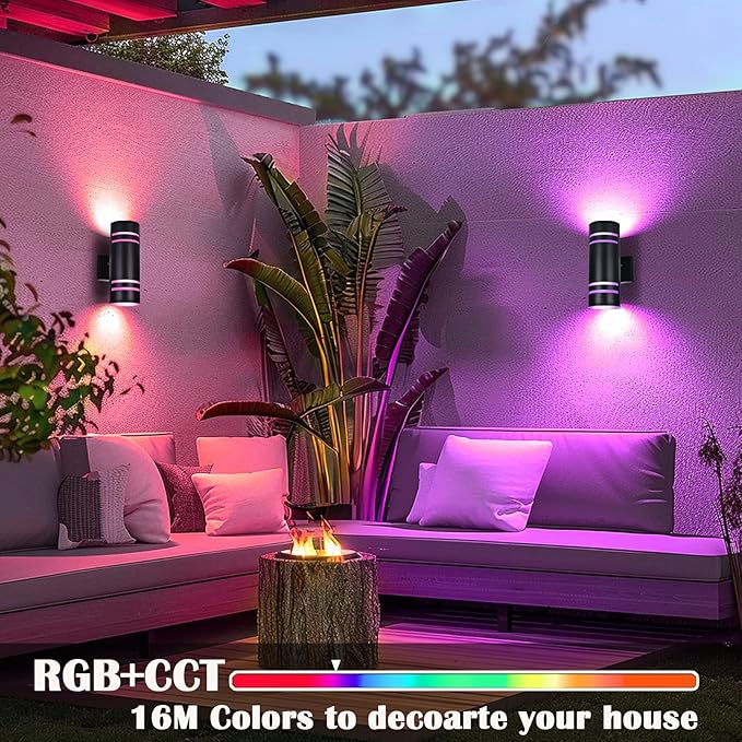 Smart RGB Outdoor Wall Lights, 2 Pack Front Porch Light Fixtures, Cylinder Up and Down Lights Outdoor Wall Sconce, Exterior Lighting Fixture Compatible with Google Assistant Alexa