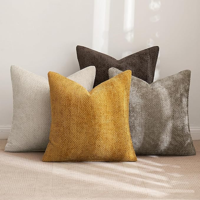 MIULEE Pack of 4 Couch Throw Pillow Covers 16x16 Inch Neutral Gold/Brown Soft Decorative Chenille Pillow Covers Farmhouse Accent Cushion Covers for Boho Home Decor Sofa Bedroom Living Room