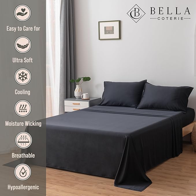 Bella Coterie Luxury Bamboo Viscose Twin Size Sheet Set | 100% Organically Grown | Ultra Soft | Cooling for Hot Sleepers | 18" Deep Pocket [Black]