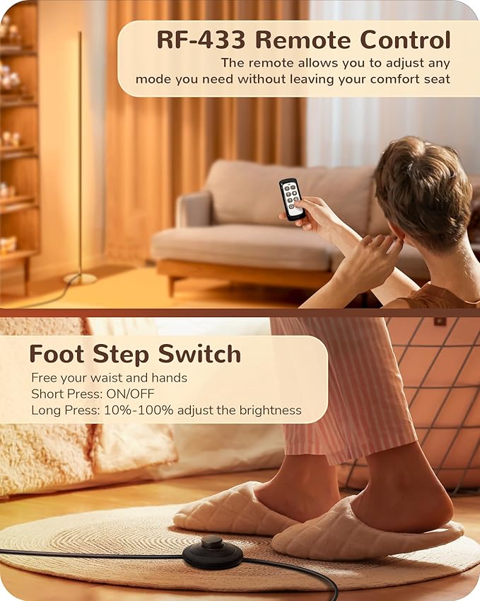 EDISHINE Floor Lamp, Remote Control & Foot Switch Floor Lamps for Living Room, 10%-100% Dimmable Standing Lamp with 7 Color Temperature, 57.5" Tall Corner Floor Lamp for Bedroom, Office, Gold
