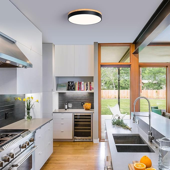 Modern Dimmable LED Close to Ceiling Light Minimalist Wood Oak Flush Mount Ceiling Light Fixture Circle Lighting for Bedroom Living Room Bathroom Laundry Room (Black, 15.7'')