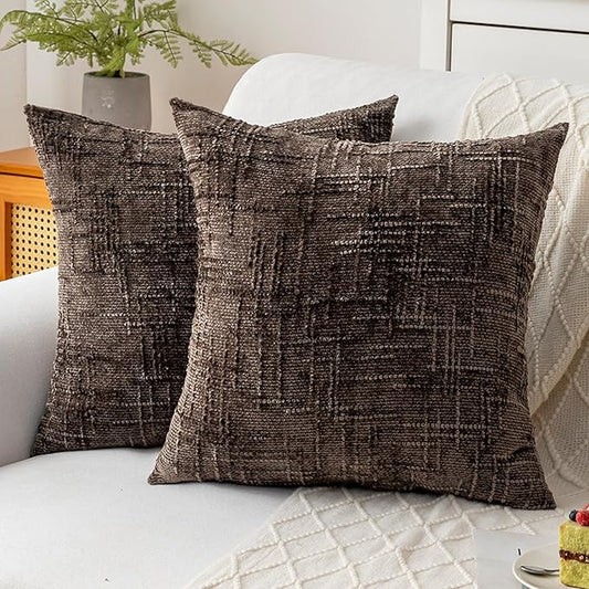 Decorative Throw Pillow Covers 16x16 Inch Set of 2, Soft Solid Farmhouse Chenille Couch Pillows, Spring Pillow Covers for Couch Sofa Bed Living Room Home Decor Pillowcase, Brown