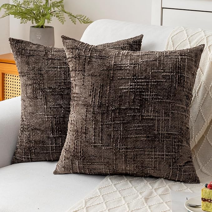 Decorative Throw Pillow Covers 20x20 Inch Set of 2, Soft Solid Farmhouse Chenille Couch Pillows, Spring Pillow Covers for Couch Sofa Bed Living Room Home Decor Pillowcase, Brown