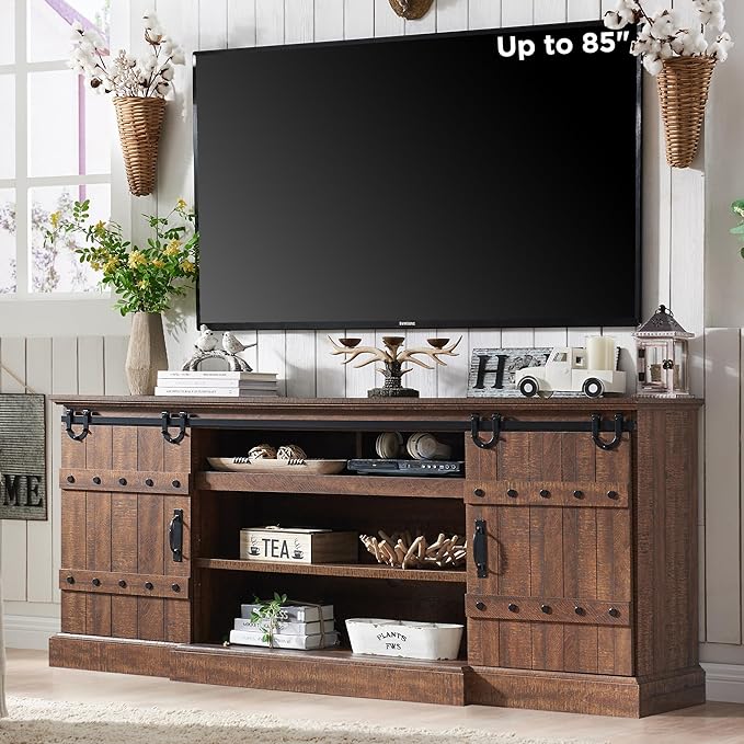 OKD Farmhouse 75" TV Stand for 80 85 Inch TV, Rustic Media Console Table with Sliding Barn Door, Large Highboy Entertainment Center with Storage Cabinet for Living Room, Bedroom, Reclaimed Barnwood