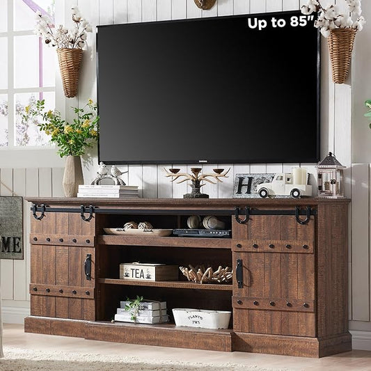 OKD Farmhouse 75" TV Stand for 80 85 Inch TV, Rustic Media Console Table with Sliding Barn Door, Large Highboy Entertainment Center with Storage Cabinet for Living Room, Bedroom, Reclaimed Barnwood