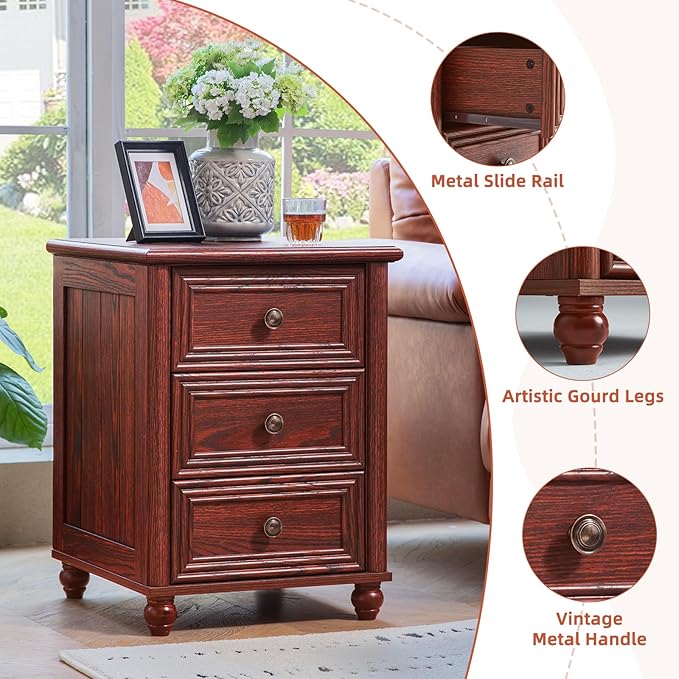 18" Farmhouse Night Stand Set of 2, Red Oak Wood Nightstand with 3 Drawers, Bedside End Table with Storage and Roman Column, Bed Side Tables Cabinet for Bedroom, Living Room, and Closet