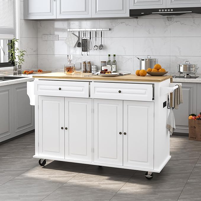 59" Kitchen Cart with Wood Top and Drop Leaf Breakfast Bar, Rolling Mobile Kitchen Island Table on Wheels with Drawer and Storage Cabinet, Spice Rack, Towel Rack, White