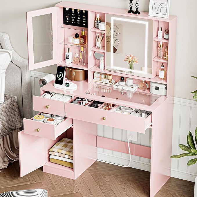 Vanity Desk with Mirror and Lights Makeup Vanity Desk with Lights 3 Colors 38" Dressing Table with Drawer and Cabinet for Bedroom Transparent Glass Top Power Outlet for Bedroom Pink