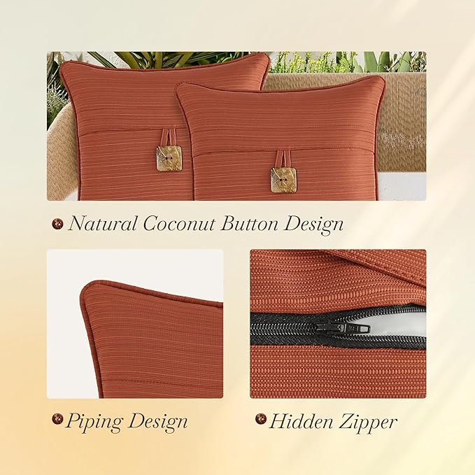 Outdoor Decorative Pillows with Coconut Button Pack of 4, 18" x 18" Outdoor Pillow Set for Couch Bed Throw Patio Sofa, Coral Red