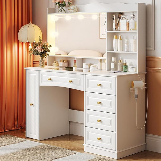 Maupvit 47.1" Makeup Vanity with Mirror and Lights,White Vanity Desk with Drawers and Shelves，Large Makeup Table with Glass Top，Bedroom Dressing Table