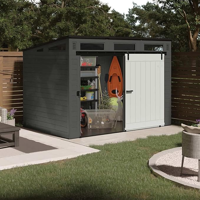 Suncast Modernist 10 Foot by 7 Foot Outdoor Plastic Storage Shed with Pad Lockable Sliding Barn Door for Outdoor Storage Items, Gray and Black