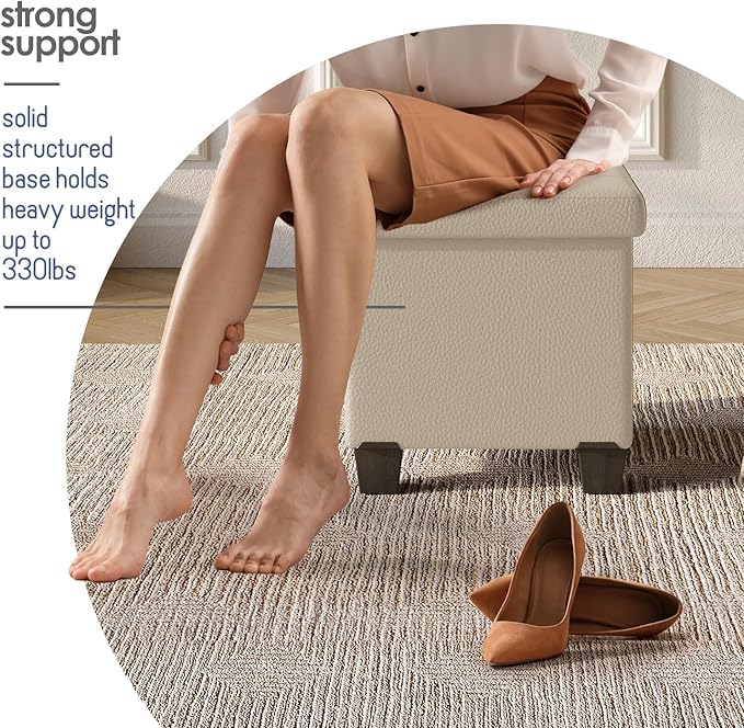 STORAGEBUD Storage Ottoman Cube with Small Bin, 16-in Square Ottoman with Storage for Living Room and Bedroom, Small Ottomans Foot Rest, Faux Leather Foot Stools Ottomans Max 330lbs, Beige