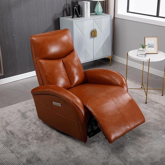 Power Rocker Recliner with 270° Swivel and 30° Rock, Genuine Leather Recliner Swivel Chair with USB and Type-C Ports, Red Brown Recliner Chairs for Adults, 22.4" Extra Wide