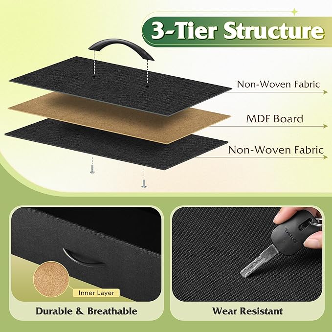 WLIVE Black TV Stand for 55, 60, 65 inch TV, Entertainment Center with LED Lights & Charging Station, TV Media Console Table with 15 Fabric Drawers and Open Shelves for Living Room, Hallway, Wood Topm