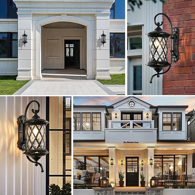 Retro Large Outdoor Wall Lanterns 24" Exterior Light Fixtures Coach Light Waterproof Aluminium with Water Glass Outside Wall Lamps for House Front Door Garage Porch Lighting, Black