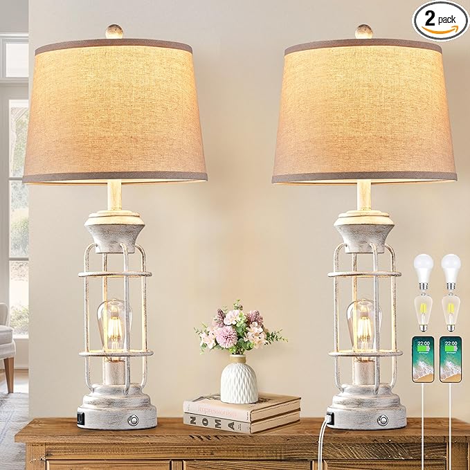 Farmhouse Lamps Set of 2, 28.5" Touch Lamps for Nightstand with USB C+A Ports, LED Bulbs Included