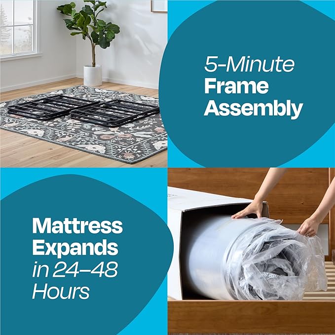 Linenspa 8” Memory Foam and Innerspring Hybrid Mattress + 14” Black Metal Platform Bedframe – Full Mattress + Metal Folding Full Bedframe