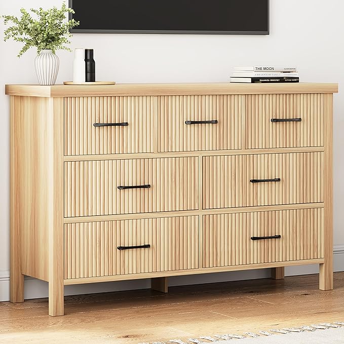 Fluted 7 Drawers Dresser for Bedroom, Modern Chest of Drawers with Metal Handle, Wood Dresser TV Stand, Wooden Closet Clothes Storage Organizer for Living Room, Hallway (Natural Oak)