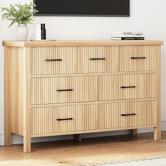 Fluted 7 Drawers Dresser for Bedroom, Modern Chest of Drawers with Metal Handle, Wood Dresser TV Stand, Wooden Closet Clothes Storage Organizer for Living Room, Hallway (Natural Oak)
