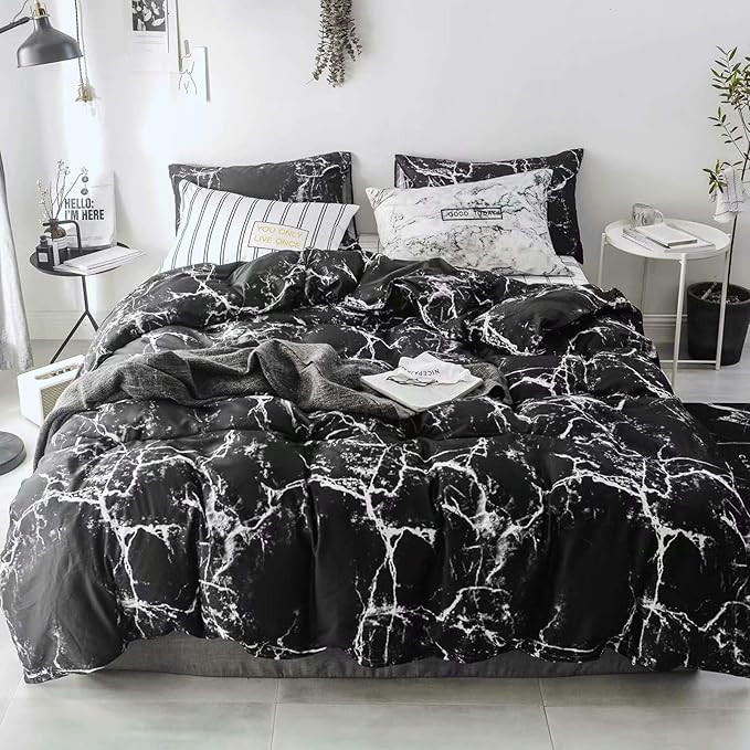 Luxlovery Black Marble Comforter Set Queen Black Marble Bed Set Full Cotton Comforter Cozy Beathable Soft Black and White Marble Quilts Blanket Modern Comforter Set
