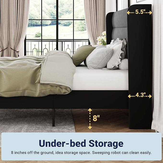 Allewie Queen Size Platform Bed Frame with Velvet Upholstered Wingback Headboard, No Box Spring Needed, Under Bed Storage Space, Strong Wooden Slats, Modern Mattress Foundation, Easy Assembly, Black