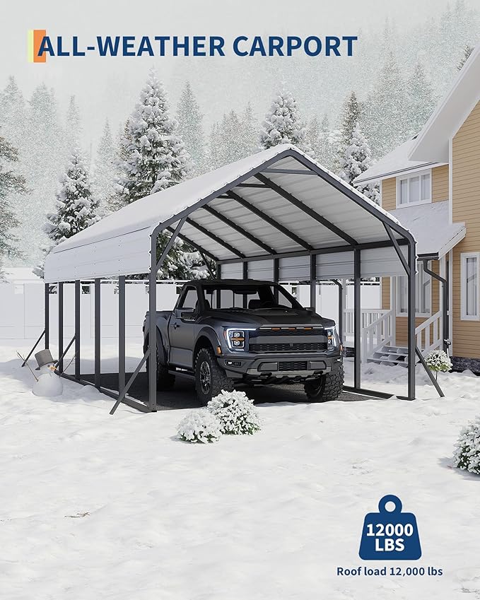 13'x26'x11' Oversized Metal Carport, Steel Heavy Duty Carport for All-Weather, Permanent Shelter for Boats, Pickup Trucks, and Tractors, N.W. 780 Lbs