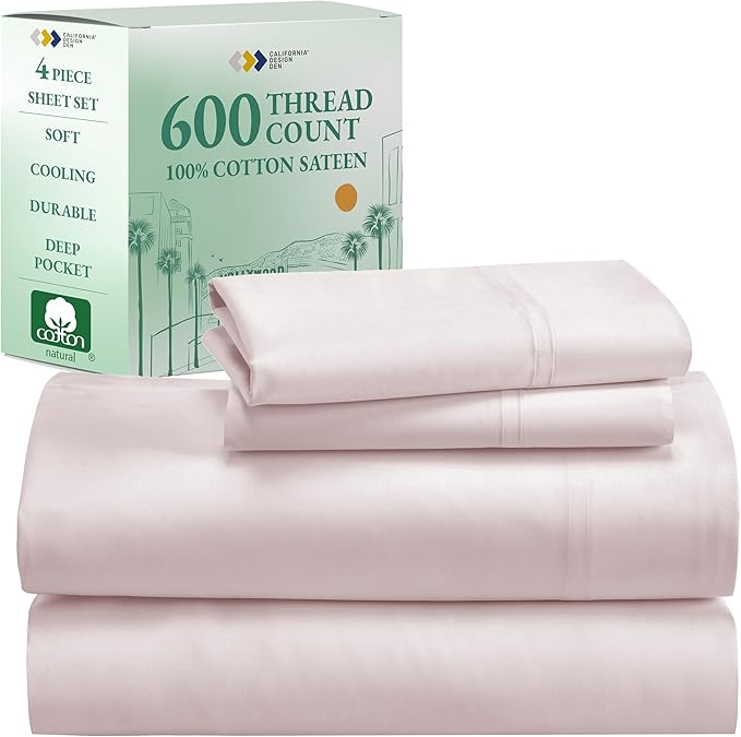 California Design Den California King Sheet Set - 100% Cotton, 600 Thread Count Deep Pocket Cal King Sheet Set, Luxury Soft Hotel-Quality Sheets with Sateen Weave - Blush Pink