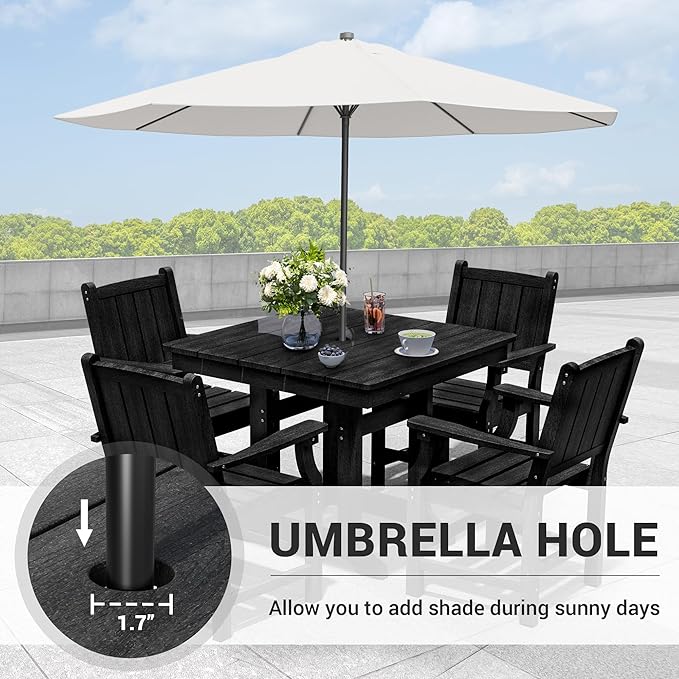 5-Piece HDPE Outdoor Dining Set, Wood-Like Design Outdoor Table and Chairs with Elegant Armrest, All-Weather Patio Table and Chairs Set with Umbrella Hole for Porch, Poolside, Black