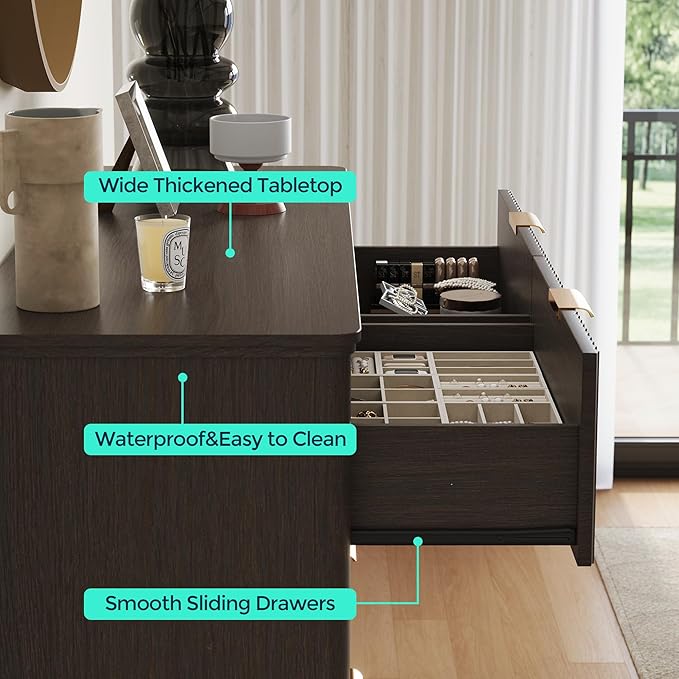 LINSY 8 Drawer Double Dresser for Bedroom, Modern Fluted Wood Chest of Drawers with Gold Metal Handles, Wide Storage Dresser TV Stand for Bedroom, Living Room, Entryway, Walnut