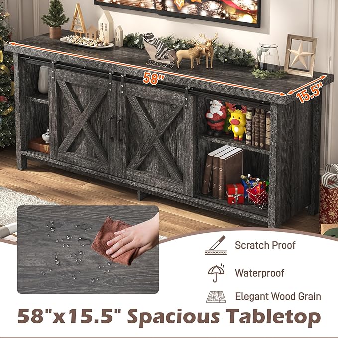 Farmhouse TV Stand for 65 Inch TV with Sliding Barn Door, Rustic Wood Entertainment Center Large Media Console Cabinet Long Television Stands,Console Table and Media Furniture for Living Room(Grey)