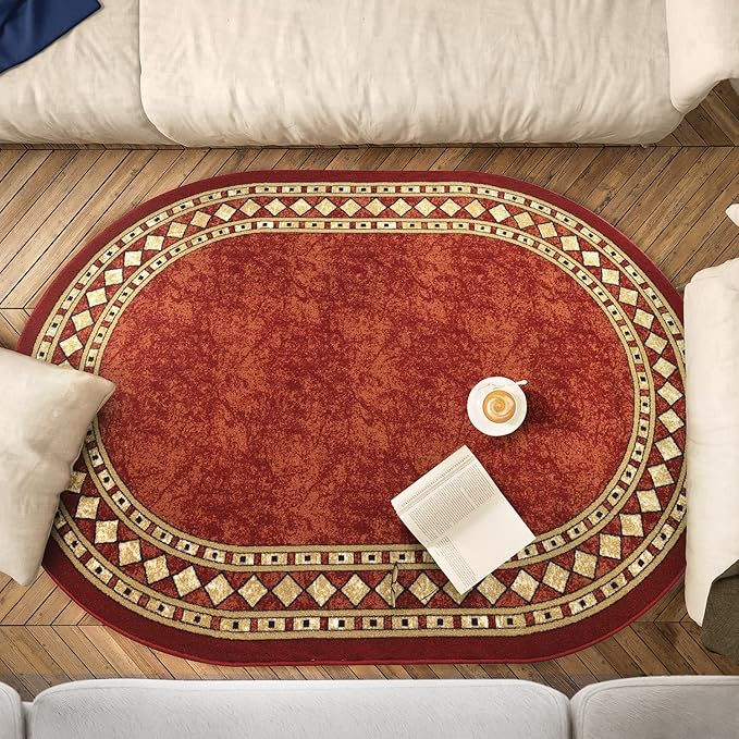 Antep Rugs Alfombras Modern Bordered 5x7 Non-Skid (Non-Slip) Low Profile Pile Rubber Backing Indoor Area Rugs (Maroon Beige, 5' x 7' Oval)