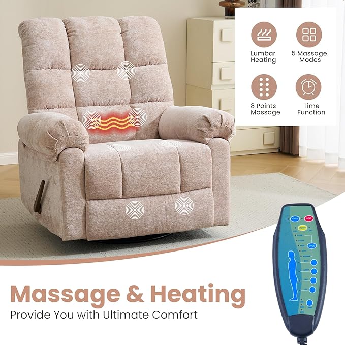 Oversized Swivel Rocker Recliner with Massage and Heat, 26" Extra Wide Manual Recliner for Adults & Big Man, Overstuffed Rocking Chair with High Back for Living Room, Beige Chenille